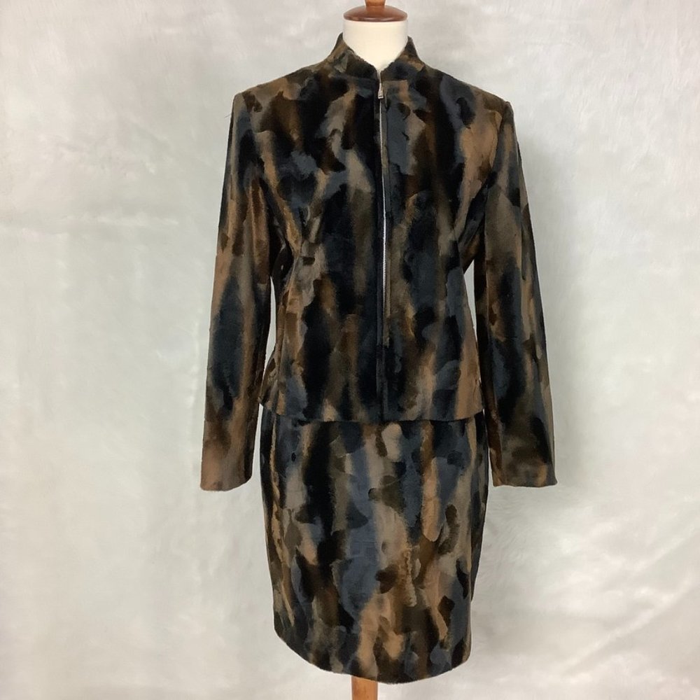 Vintage 80s 90s Votre Nom Black Brown Animal Print Faux Fur Skirt & Jacket S